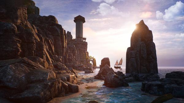 Screenshot from Bellwright showing a serene coastal landscape with rocky cliffs, a tower, and a distant sailing boat at sunset.