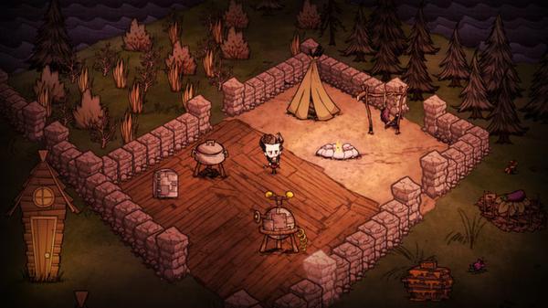 Screenshot from Don't Starve: A character stands in a stone-walled campsite with a tent, surrounded by trees and various survival tools.