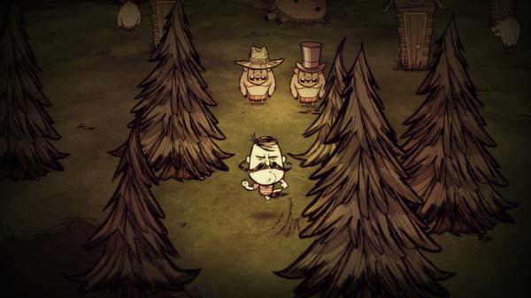 Don't Starve screenshot: A character in a forest clearing surrounded by pine trees, with two humanoid figures wearing hats in the background.