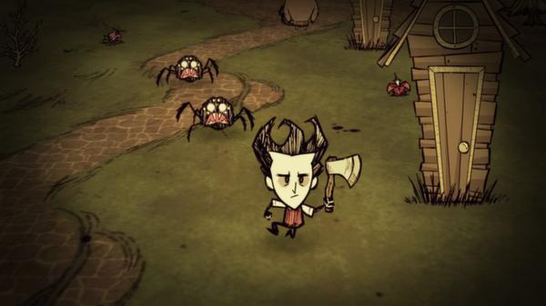 Don't Starve screenshot: A character with an axe walks near spiders and a wooden structure on a grassy path.