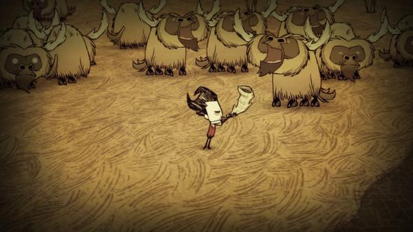 Don't Starve screenshot: A character holding a horn stands among a herd of woolly beefalo on a textured ground.