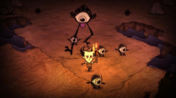 A Don't Starve screenshot showing a character holding a torch, surrounded by hostile eye creatures in a dark, eerie landscape.