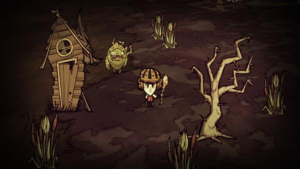 Don't Starve screenshot: A character in a miner's helmet stands near a hut and a tree, with a creature lurking in the background.