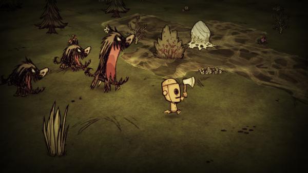 Don't Starve screenshot: A character holding an axe faces a group of creatures on a grassy field near a riverbank.
