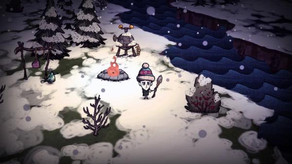 A "Don't Starve" screenshot showing a character in winter attire near a campfire and snowy landscape with trees.