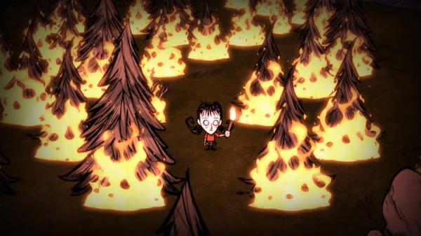 Screenshot from Don't Starve showing a character surrounded by burning trees, holding a torch in a dark wilderness setting.