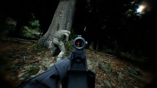 Bodycam screenshot: POV of a firearm aimed at a soldier in a forest, with trees and foliage visible in the background.