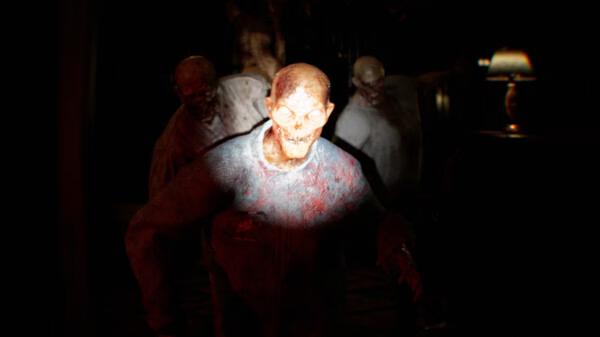 A screenshot from the game Bodycam showing a group of eerie zombie-like creatures approaching in a dimly lit room.