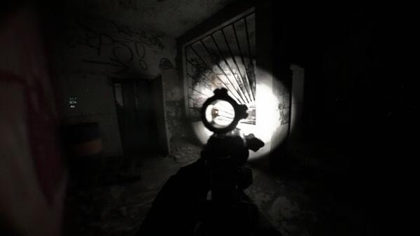 Screenshot from the game Bodycam shows a dimly lit room with graffiti, viewed through a gun's scope.
