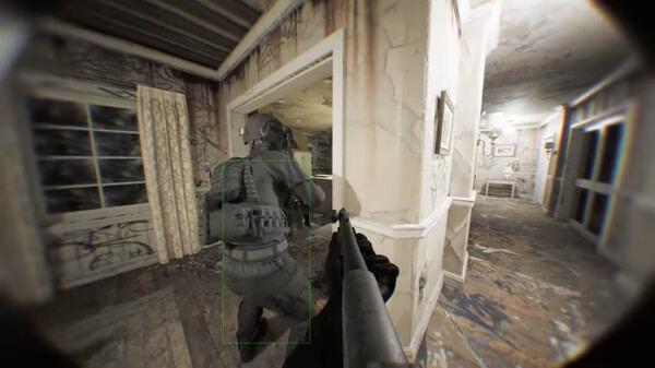 Screenshot from the game Bodycam showing a tactical figure in gear holding a weapon inside a rundown, dimly lit building.