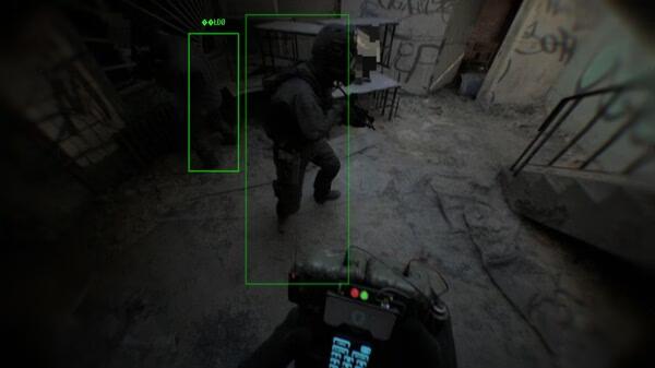 Bodycam screenshot: A tactical officer in a dimly-lit, graffiti-covered room is highlighted by a green detection box.