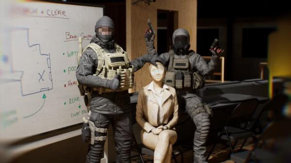 Bodycam screenshot: Two tactical gear-clad characters stand beside a seated figure in front of a whiteboard with diagrams.