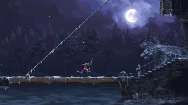 Blasphemous 2 screenshot: A character crosses a wooden bridge under a full moon, surrounded by eerie trees and icy structures.