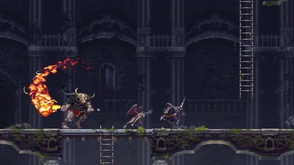 Blasphemous 2 screenshot: A warrior confronts a horned beast and a winged creature on a stone platform with ladders in a dark castle.