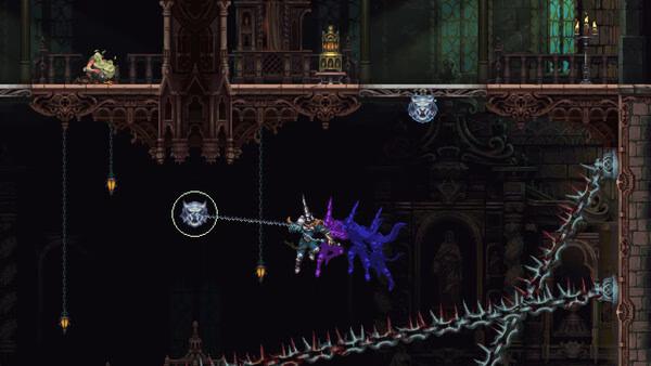 Blasphemous 2 screenshot: A character swings across spikes using a chain, while an enemy lurks above in a gothic setting.