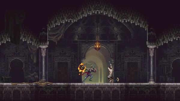 Blasphemous 2 screenshot: A warrior clashes with an enemy in a dark, ornate hallway, wielding a glowing weapon.