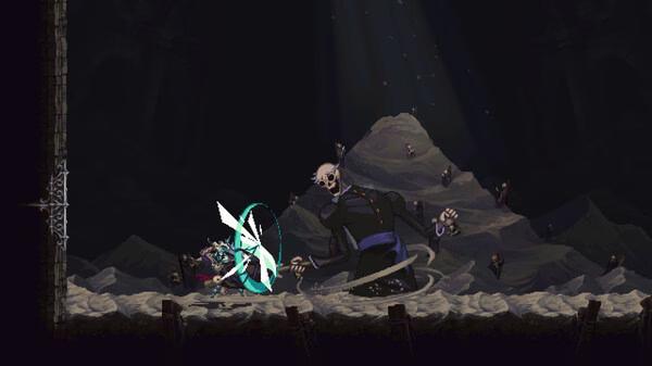 Blasphemous 2 screenshot: The Penitent One battles a towering skeletal foe in a dark, ominous cavern filled with debris.