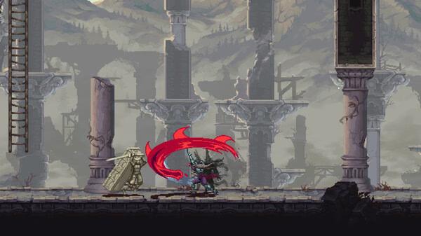 Blasphemous 2 screenshot: A warrior swings a red energy attack at a stone enemy amid crumbling pillars in a desolate landscape.
