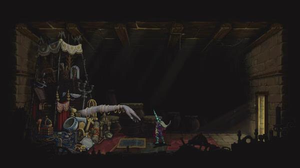 Blasphemous 2 screenshot: A warrior stands ready, facing a giant arm in a dimly lit room filled with various items.