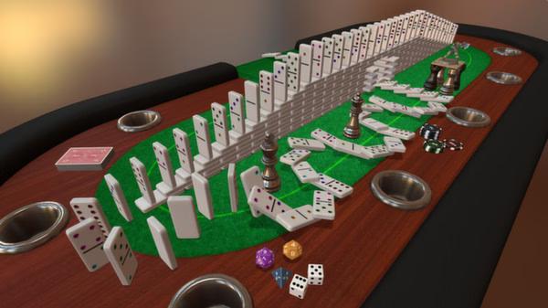 Tabletop Simulator screenshot showcasing a domino setup on a green table, surrounded by dice, poker chips, and chess pieces.