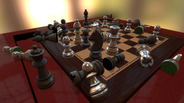 Tabletop Simulator screenshot showing a chaotic chess game with pieces scattered across the board and the table.