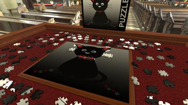 Screenshot from Tabletop Simulator showing a partially completed cat puzzle on a wooden table, with scattered pieces around.