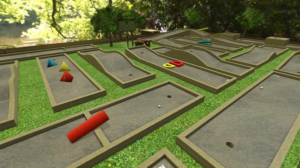 Screenshot of Tabletop Simulator showing a mini-golf course with ramps, obstacles, and colored markers on a grassy field.