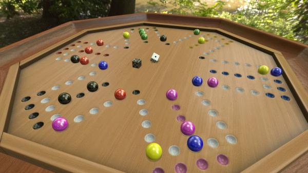 Tabletop Simulator screenshot showing a wooden board game setup with colorful marbles, dice, and a hexagonal frame outdoors.