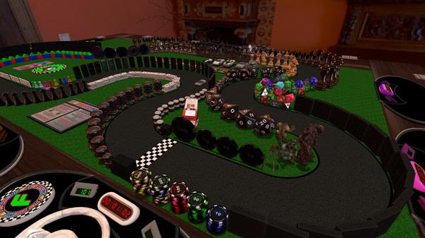 Tabletop Simulator screenshot showing a detailed racing-themed board game setup with cards, dice, tokens, and miniature figures.