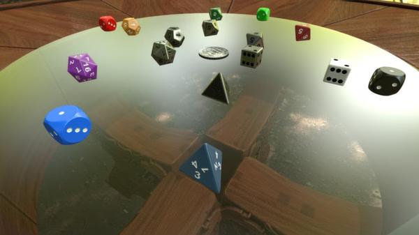 Screenshot from Tabletop Simulator showing various colorful dice and a coin on a reflective tabletop surface.