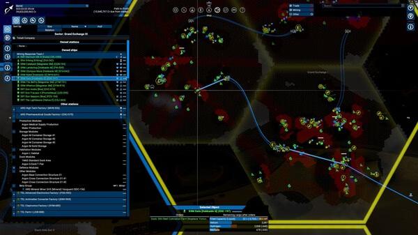 Screenshot from X4: Foundations showing a detailed galaxy map with numerous icons and navigational routes highlighted.