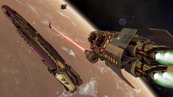 Screenshot of X4: Foundations showing a large spacecraft firing a laser at another ship over a planet's surface.