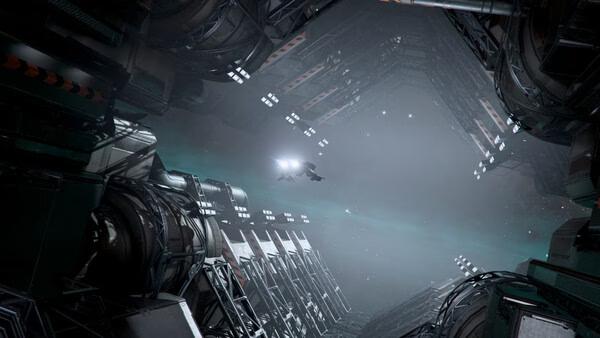 X4: Foundations screenshot: A spaceship navigates through a vast, industrial space station corridor with glowing lights and metallic structures.