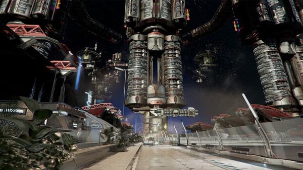 Screenshot from X4: Foundations showing a futuristic space station with towering structures, surrounded by stars and spacecraft.
