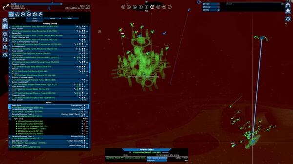 Screenshot from X4: Foundations showing a green space station surrounded by ships against a red cosmic background with interface elements.