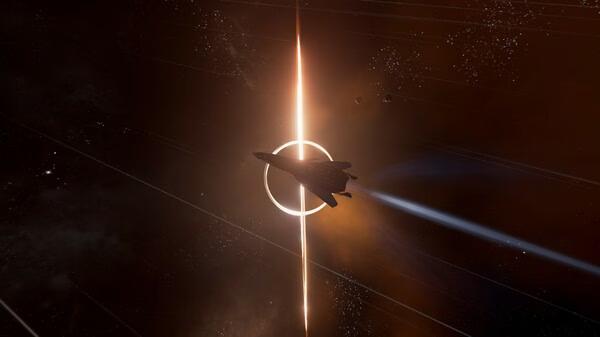 X4: Foundations screenshot showing a sleek spacecraft flying near a bright light source in a star-filled galaxy.