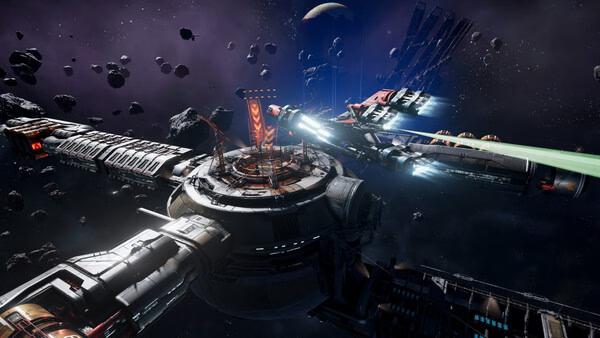 X4: Foundations screenshot of a large space station surrounded by asteroids, with a spaceship docked under a starry sky.