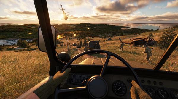 Screenshot from Arma Reforger showing a player's view from a vehicle. Soldiers and helicopters are visible in a scenic landscape.