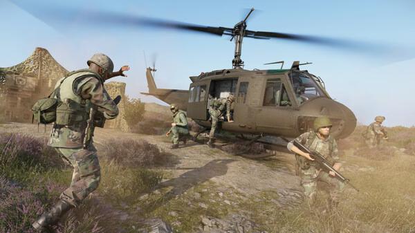 Arma Reforger screenshot: Soldiers in camouflage gear exiting a helicopter in a rocky terrain, ready for action.
