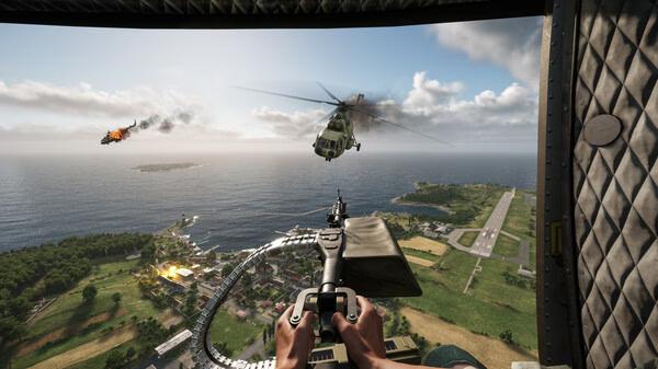 Arma Reforger screenshot: View from a helicopter gunner seat overlooking a coastal landscape with another helicopter in flight.