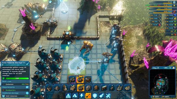 Screenshot from The Riftbreaker showing a robotic character near storage units in a futuristic base with bright, glowing crystals.
