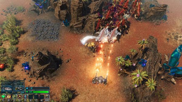 The Riftbreaker screenshot: A mech battles a swarm of alien creatures in a rocky, desert terrain with vibrant flora scattered around.