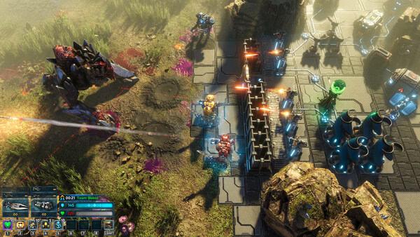 Screenshot from The Riftbreaker showing a mech battling a large alien creature near a futuristic base with energy towers.