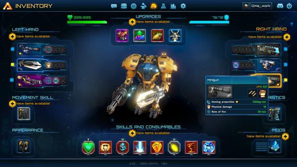 The Riftbreaker screenshot showing an inventory screen with a mech suit, weapons, upgrades, and consumable items visible.