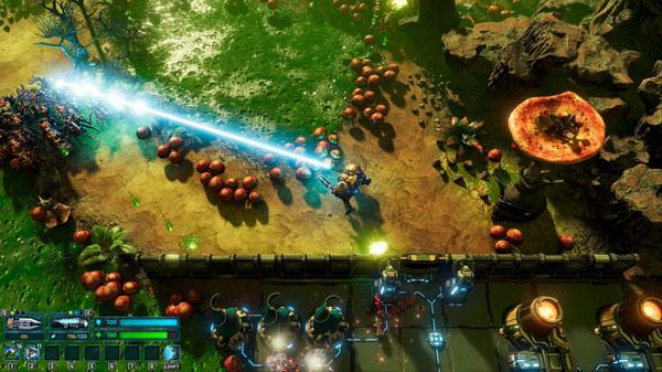 A screenshot from The Riftbreaker showing a mech firing a laser at enemies in a lush, alien environment filled with plants and machinery.