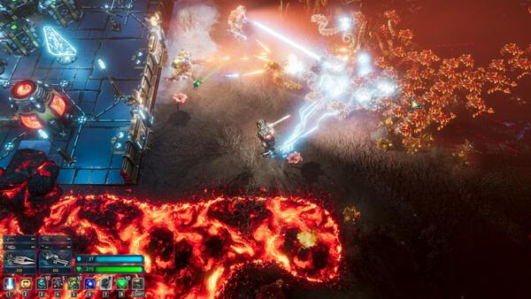 The Riftbreaker screenshot: A mech suit battles alien creatures with energy weapons near a lava field and a futuristic base.