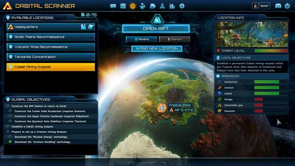 Screenshot from The Riftbreaker showing the orbital scanner interface with a highlighted Cobalt Mining Outpost on a planetary map.