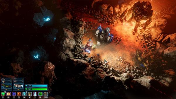 Screenshot from The Riftbreaker showing a robotic character exploring a rocky terrain with glowing crystals and a looming creature.