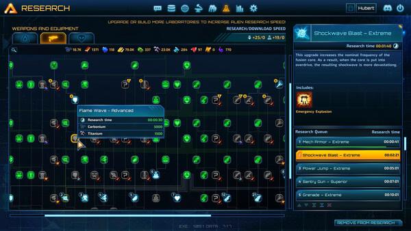Screenshot from The Riftbreaker showing the research menu. Various upgrades and their details are displayed on the screen.