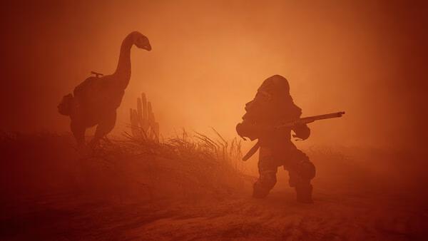 ICARUS screenshot: A player character in heavy gear holding a rifle stands near a saddled creature in a dusty, red-hued environment.